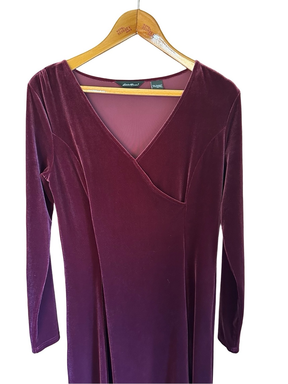 Eddie Bauer Burgundy Velvet Maxi Dress V Empire Waist Stretch Sz M - Picture 6 of 6
